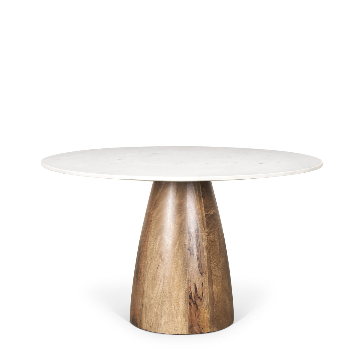 Allyson Round Brown Wood Pedestal w/ White Marble Top Dining Table by Mercana at Eve Furniture