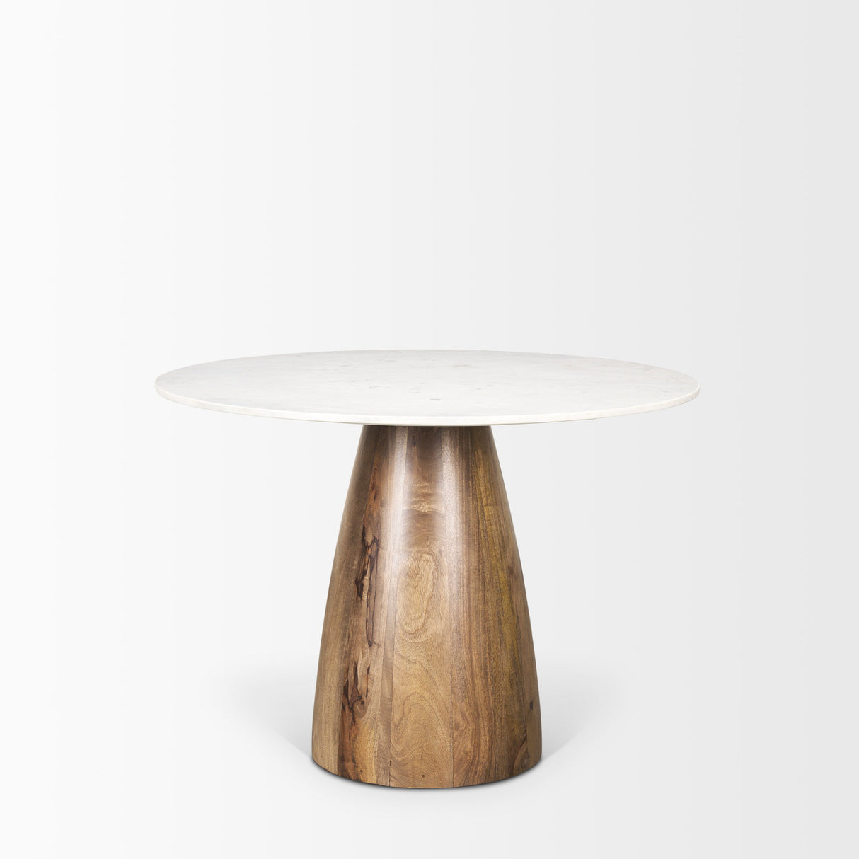 Allyson Round Brown Wood Pedestal w/Banswara White Marble Top Dining Table by Mercana at Eve Furniture