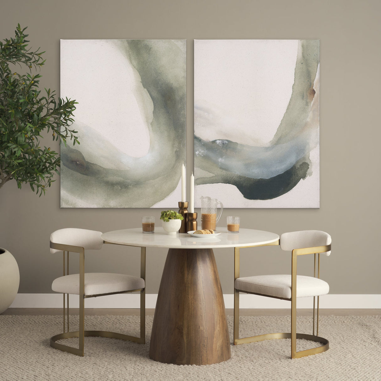 Allyson Round Brown Wood Pedestal w/Banswara White Marble Top Dining Table by Mercana at Eve Furniture