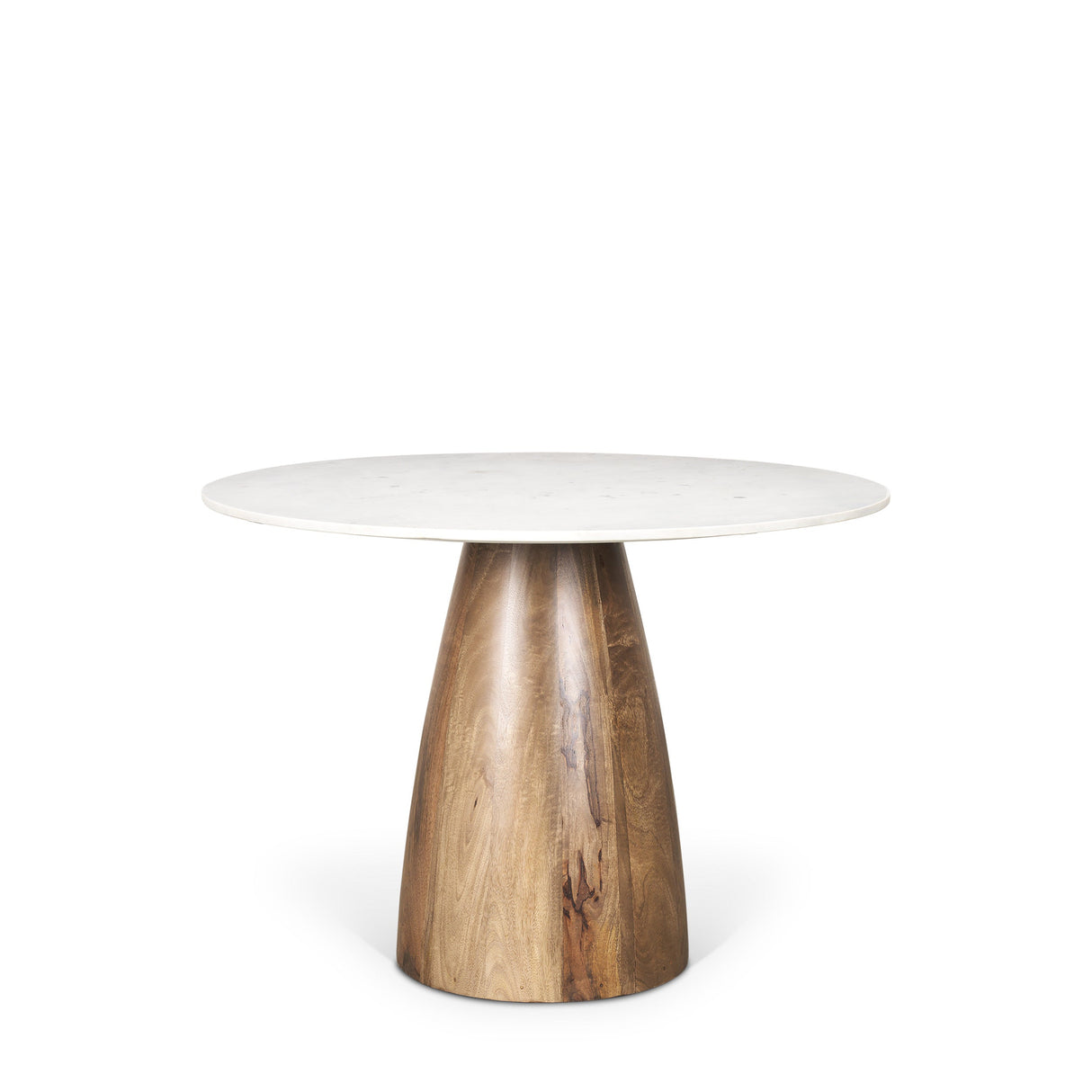 Allyson Round Brown Wood Pedestal w/Banswara White Marble Top Dining Table by Mercana at Eve Furniture