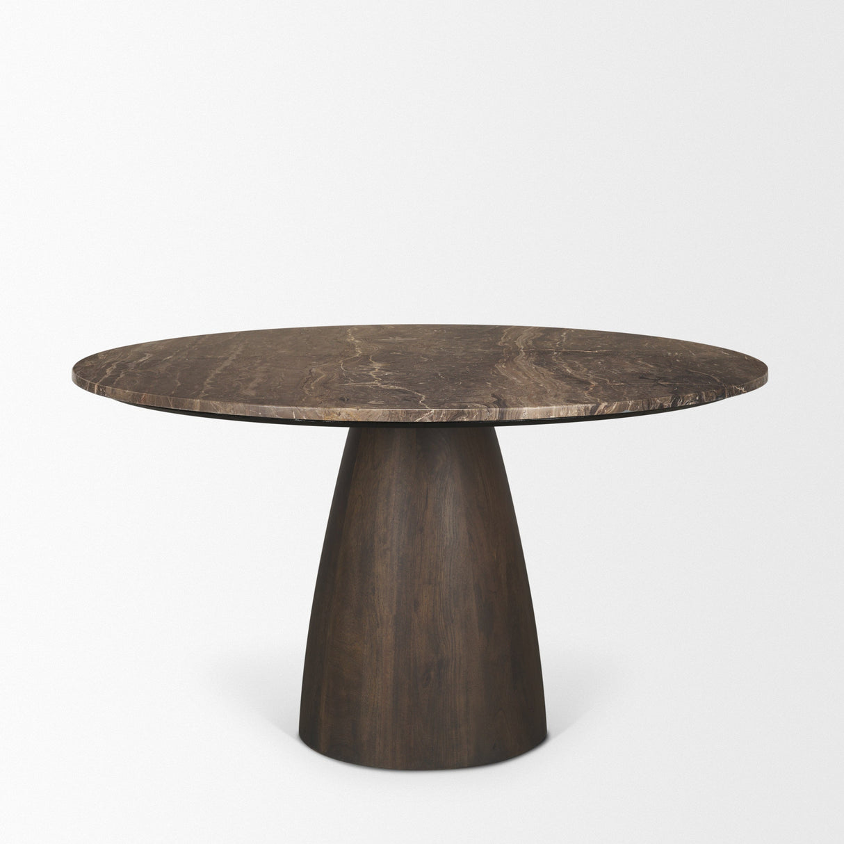 Allyson Round Dark Brown w/ Cappuccino Marble Pedestal Dining Table by Mercana at Eve Furniture