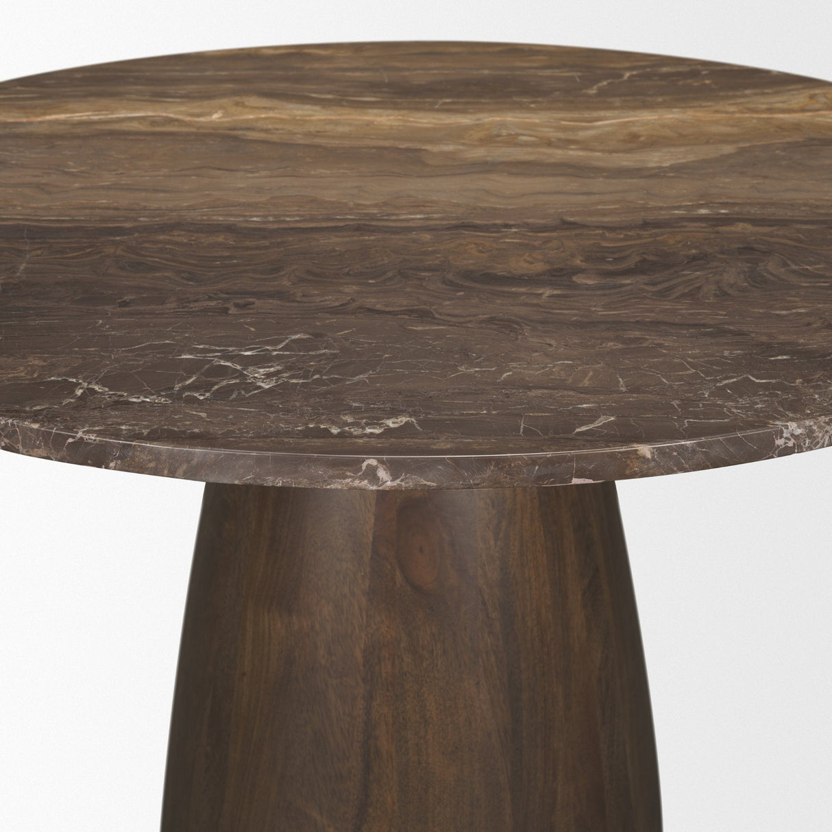 Allyson Round Dark Brown w/ Cappuccino Marble Pedestal Dining Table by Mercana at Eve Furniture