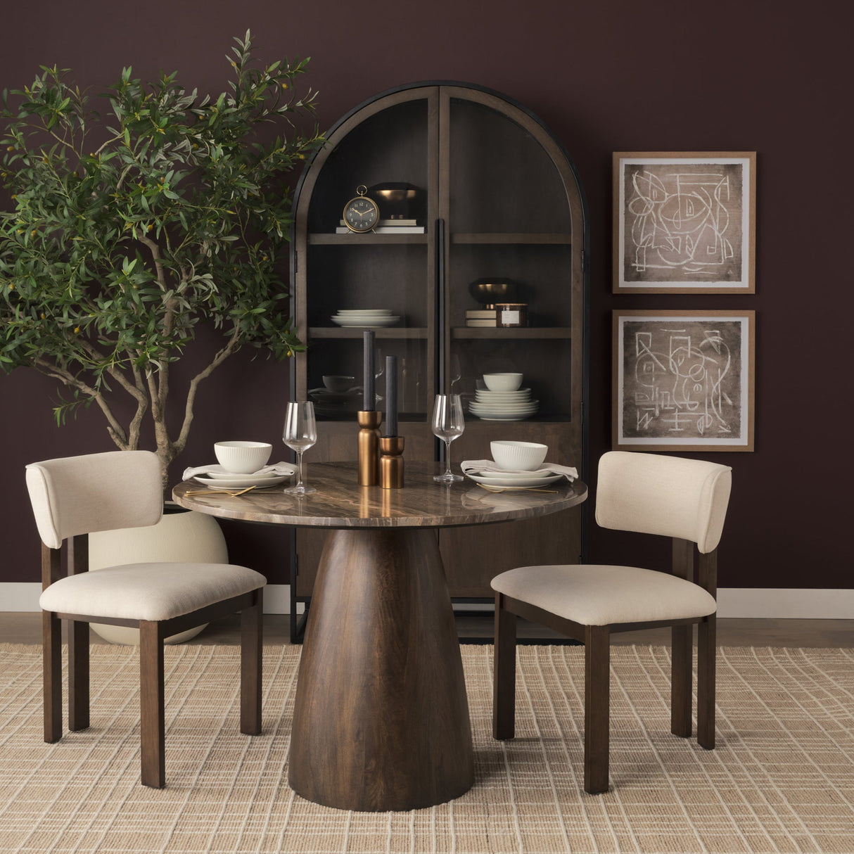 Allyson Round Dark Brown w/ Cappuccino Marble Pedestal Dining Table by Mercana at Eve Furniture