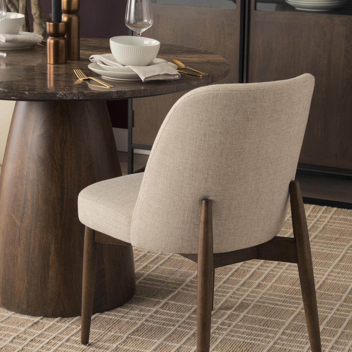 Allyson Round Dark Brown w/ Cappuccino Marble Pedestal Dining Table by Mercana at Eve Furniture