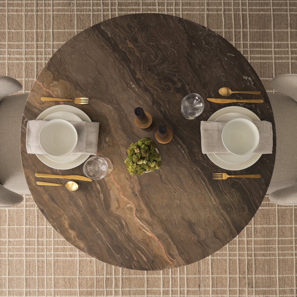 Allyson Round Dark Brown w/ Cappuccino Marble Pedestal Dining Table by Mercana at Eve Furniture