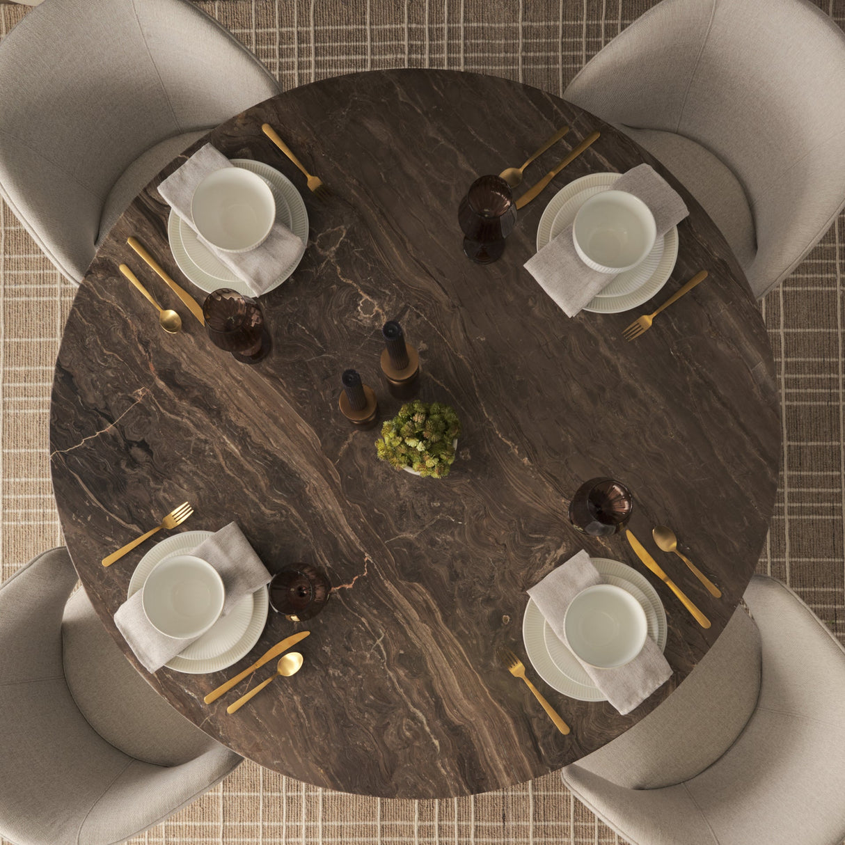 Allyson Round Dark Brown w/ Cappuccino Marble Pedestal Dining Table by Mercana at Eve Furniture