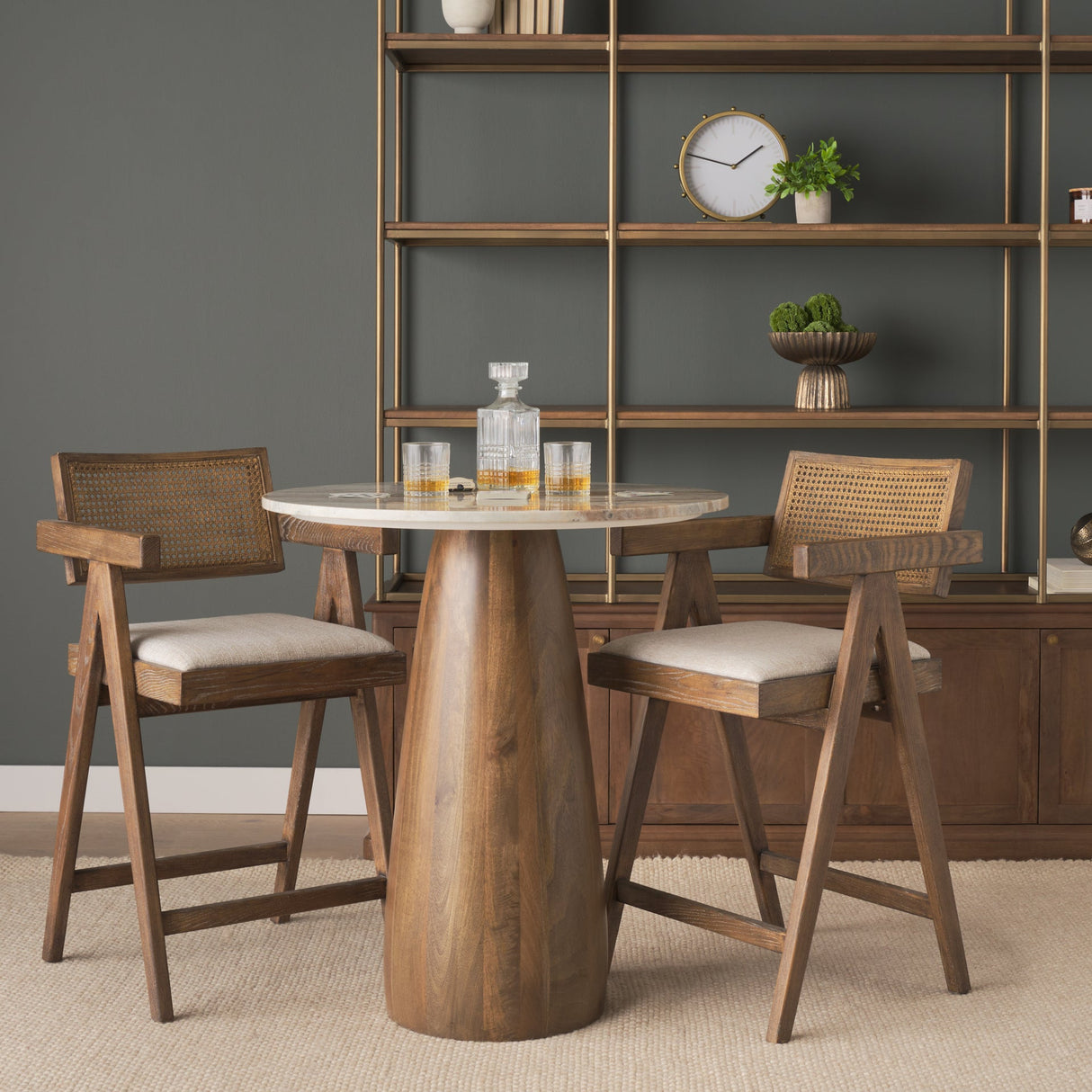 Allyson Round Medium Brown Wood w/ Pink Marble Top Bistro Table by Mercana at Eve Furniture