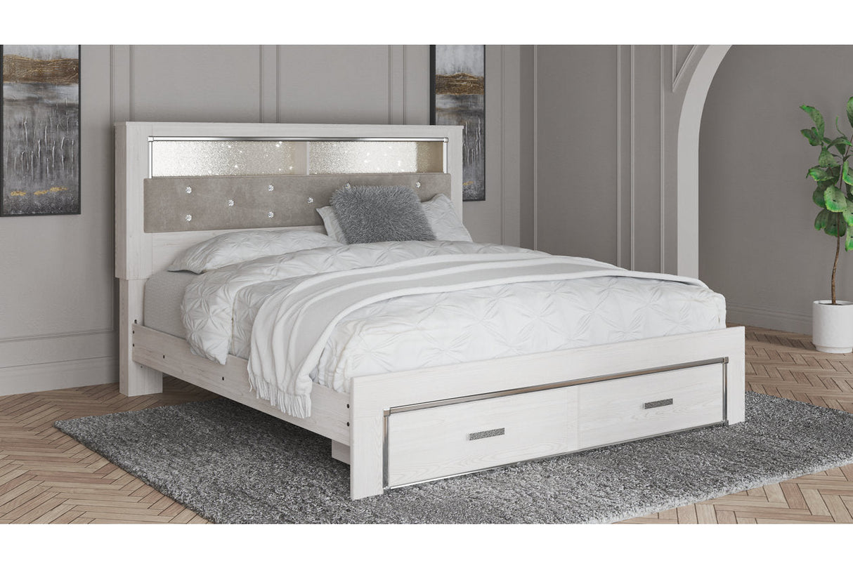 Altyra White King Upholstered LED Bookcase Storage Panel Bed by Ashley at Eve Furniture