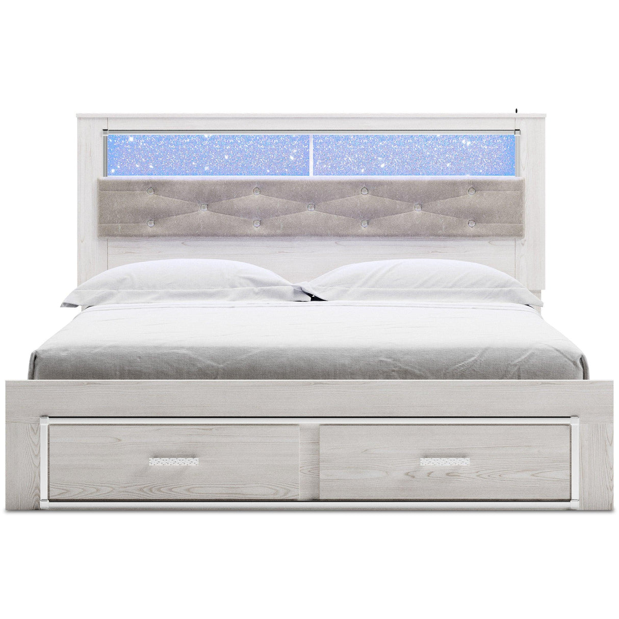 Altyra White LED Bookcase Upholstered Footboard Storage Platform Bedroom Set by Ashley at Eve Furniture