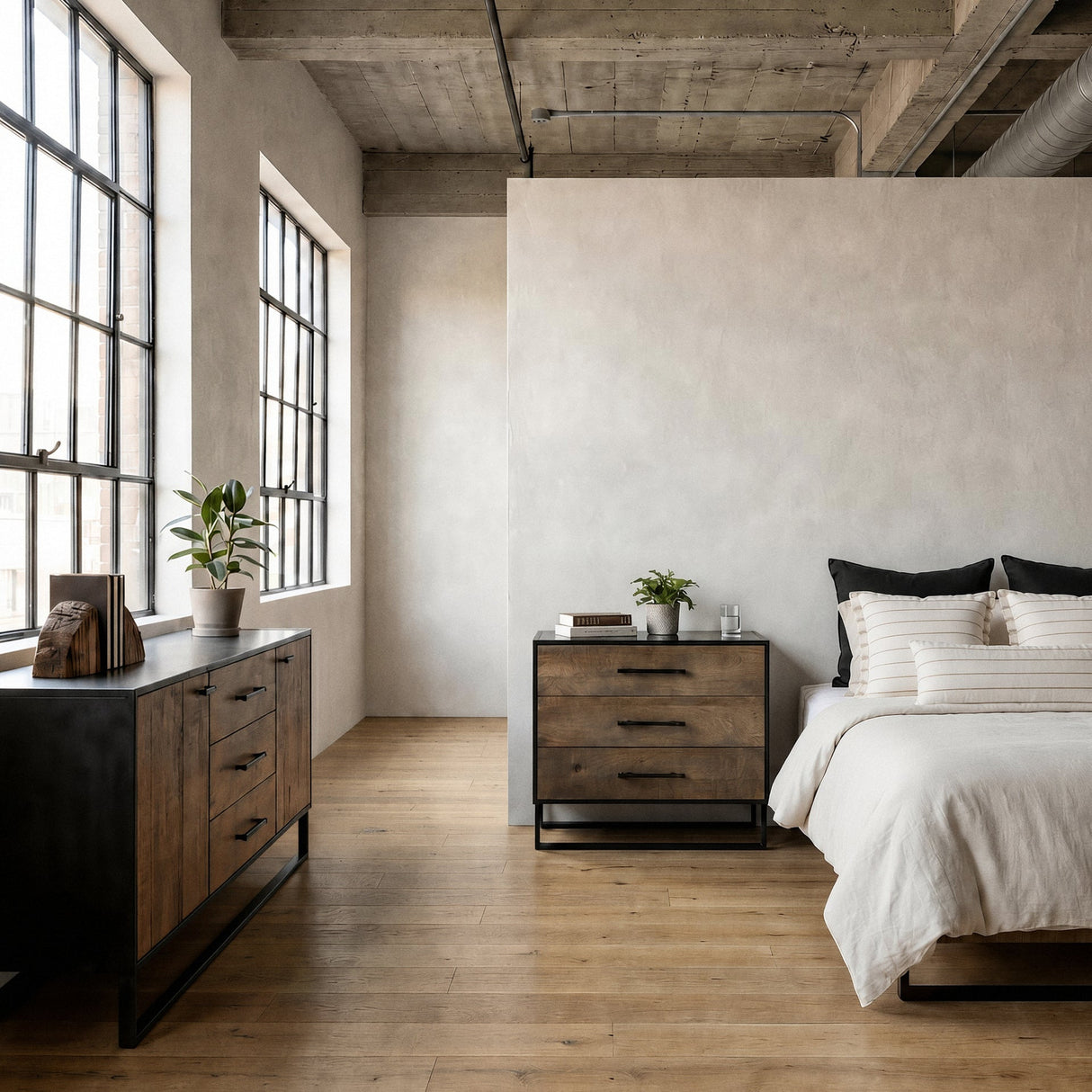 Alvin Brown Solid Wood With Black Metal Frame 3 Drawer 2 Cabinet Door Sideboard by Mercana at Eve Furniture