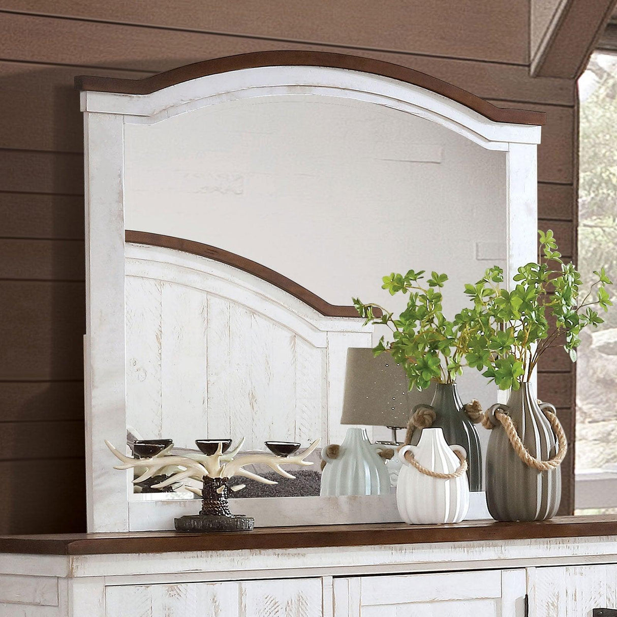 Alyson Distressed White/Walnut Mirror by Furniture of America at Eve Furniture