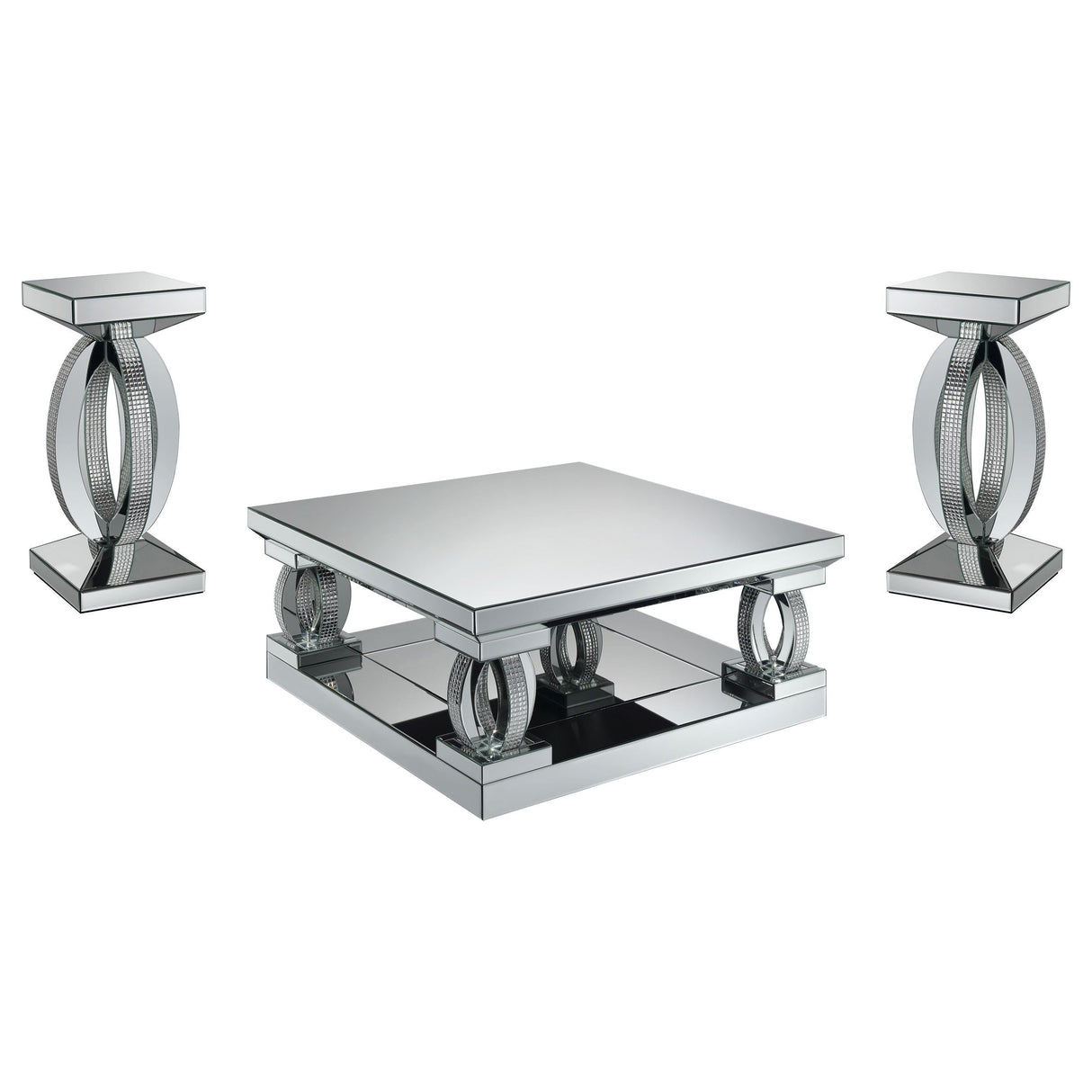 Amalia Silver 3-Piece Mirrored Coffee and End Table Set by Coaster at Eve Furniture