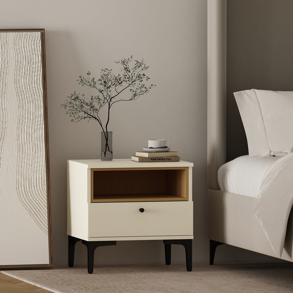 Amara Nightstand in Cream and Natural Oak by Manhattan Comfort at Eve Furniture