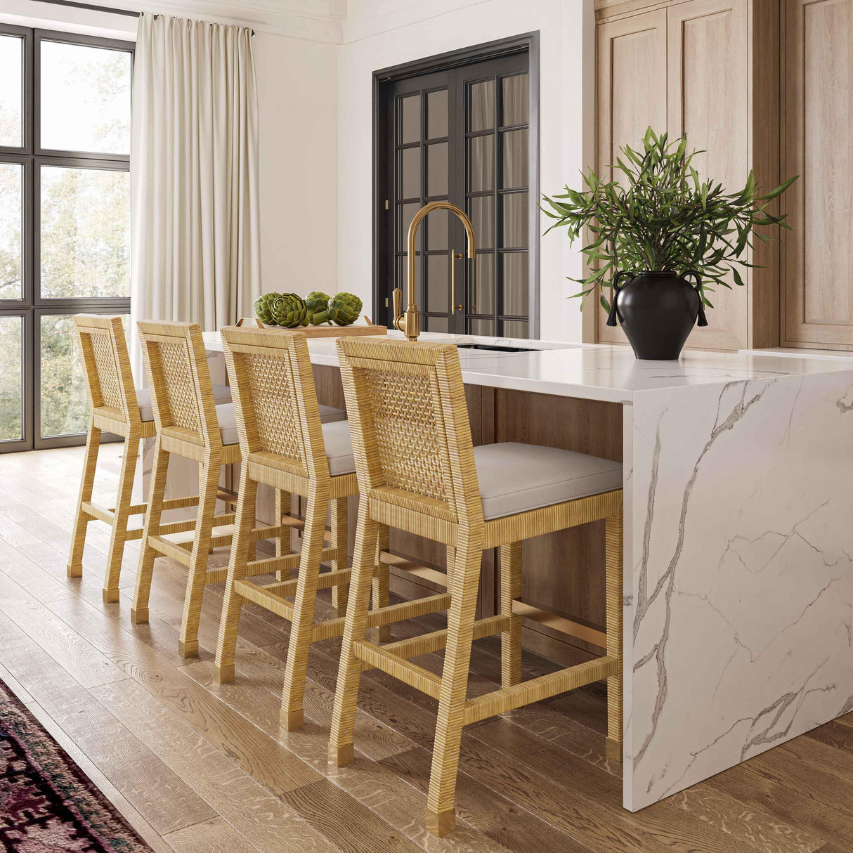 Amara Rattan & Cream Linen Stool by TOV Furniture at Eve Furniture