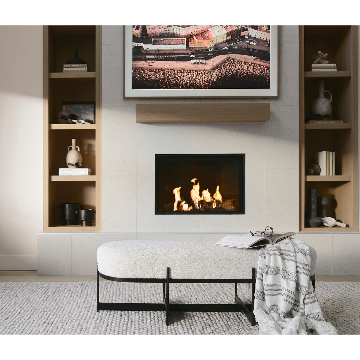 Amelia Cream Boucle W/Black Metal Upholstered Bench by Mercana at Eve Furniture