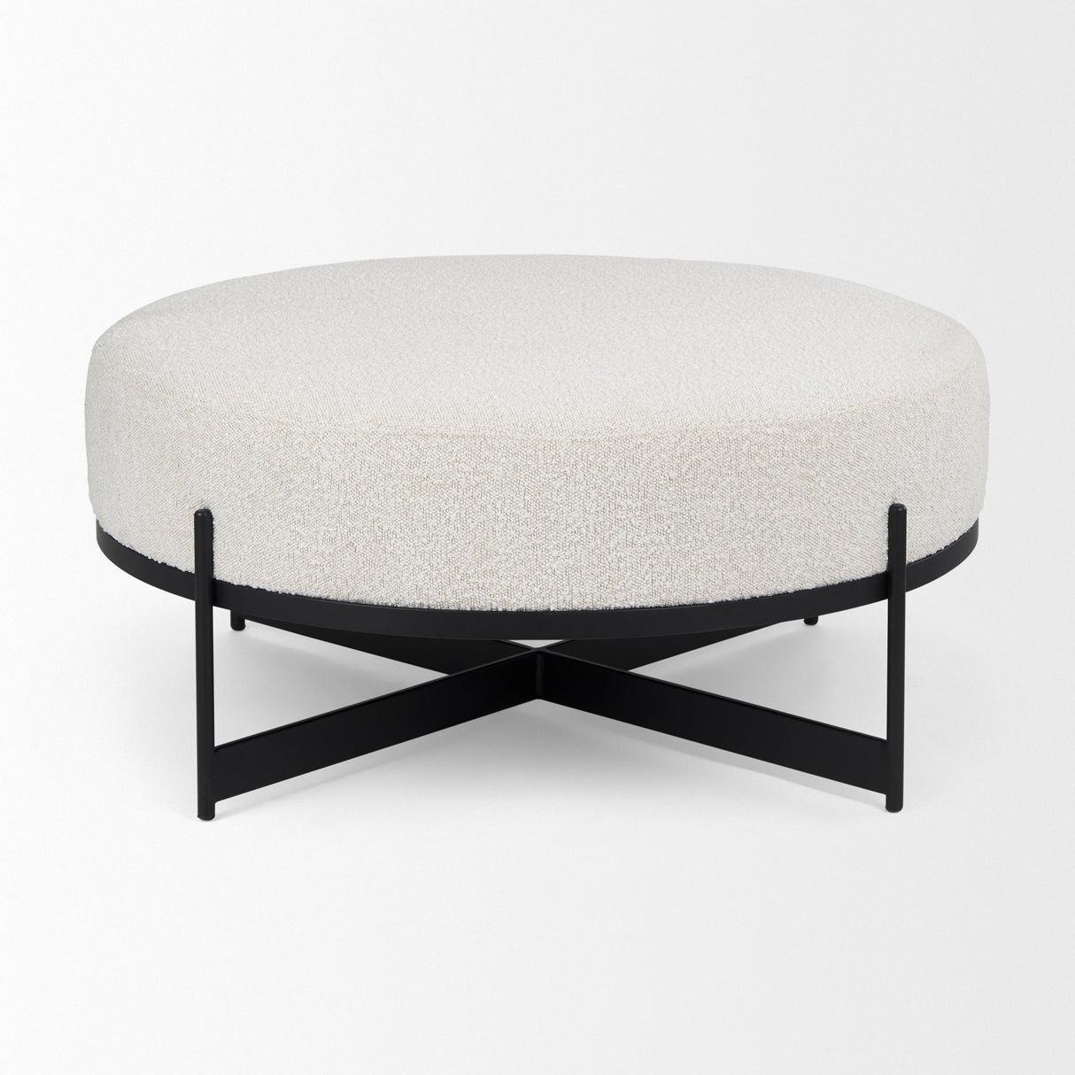 Amelia Cream Boucle W/Black Metal Upholstered Ottoman by Mercana at Eve Furniture
