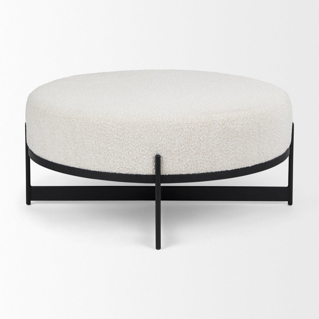 Amelia Cream Boucle W/Black Metal Upholstered Ottoman by Mercana at Eve Furniture