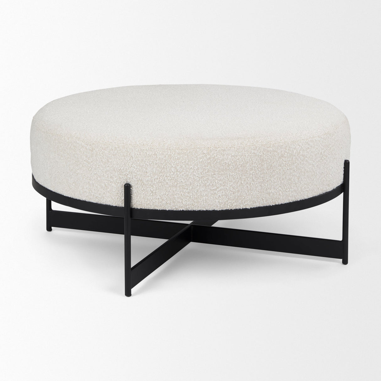 Amelia Cream Boucle W/Black Metal Upholstered Ottoman by Mercana at Eve Furniture