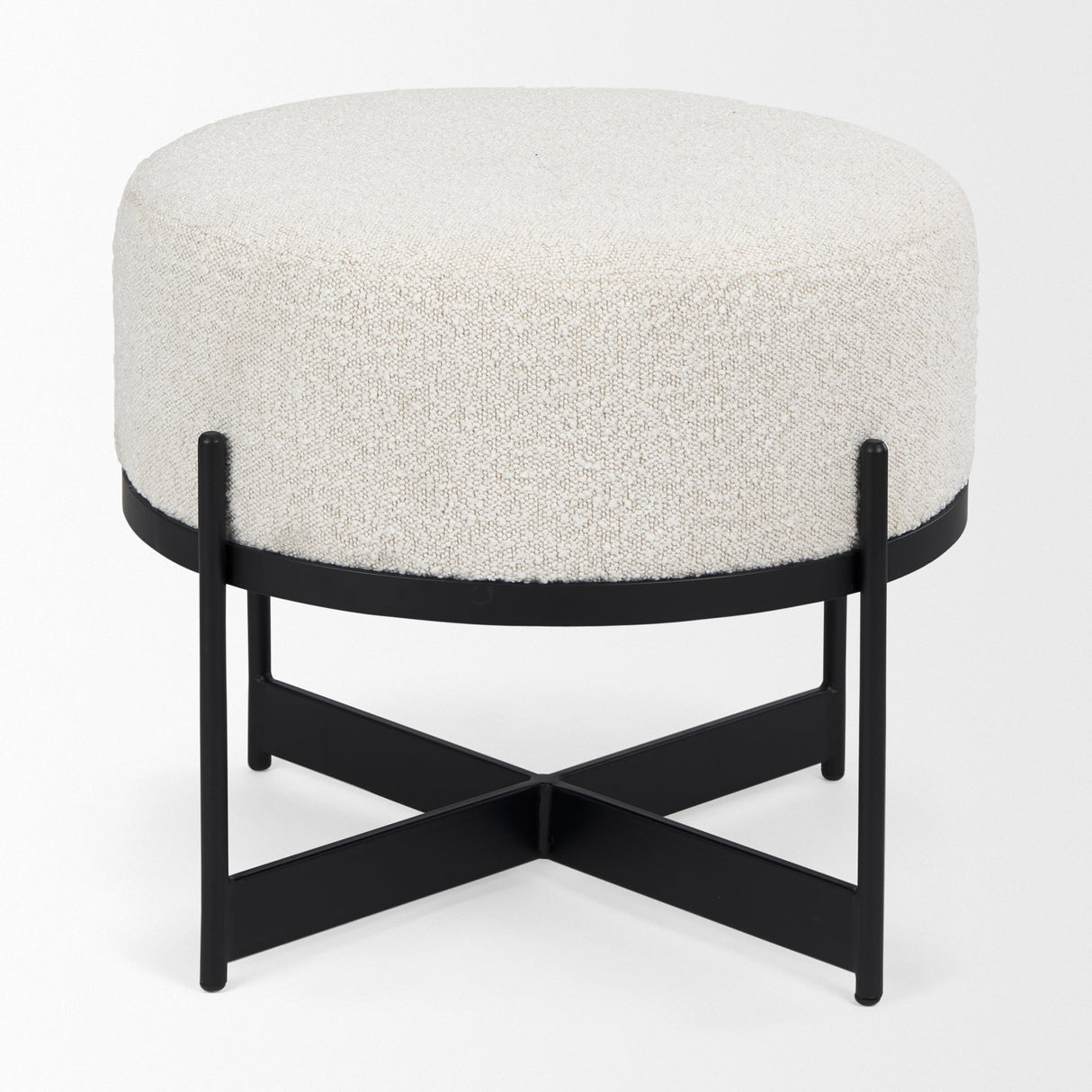 Amelia Cream Boucle W/Black Metal Upholstered Pouf by Mercana at Eve Furniture