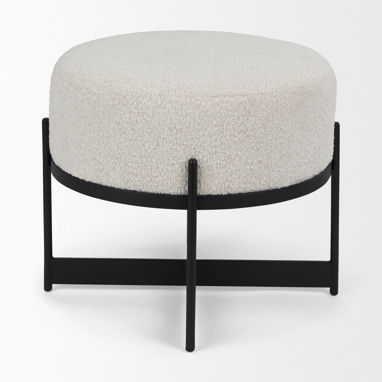 Amelia Cream Boucle W/Black Metal Upholstered Pouf by Mercana at Eve Furniture