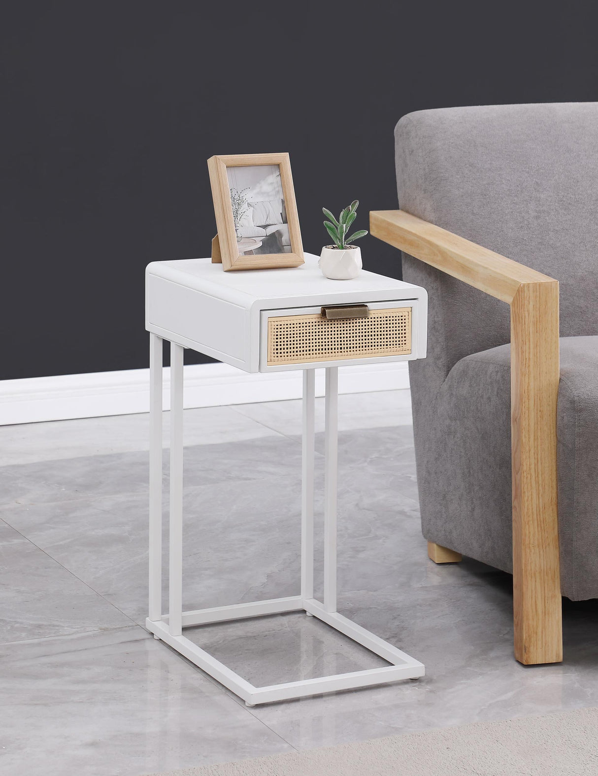 Amherst White 1-Drawer Radio Weave Cane Metal Side Table by Coaster at Eve Furniture