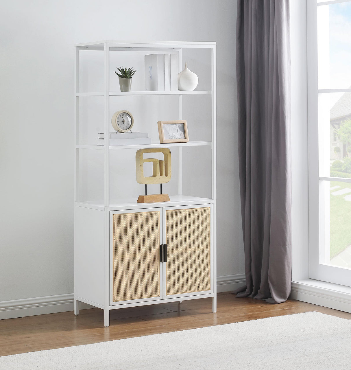 Amherst White 3-Shelf Radio Weave Cane Metal Accent Cabinet by Coaster at Eve Furniture