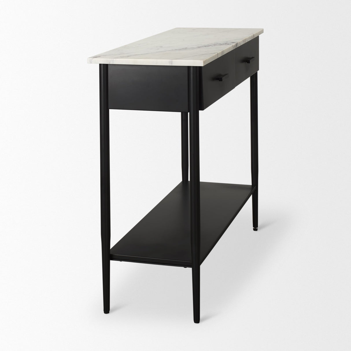Amika White Marble Top Black Metal Base Console Table by Mercana at Eve Furniture