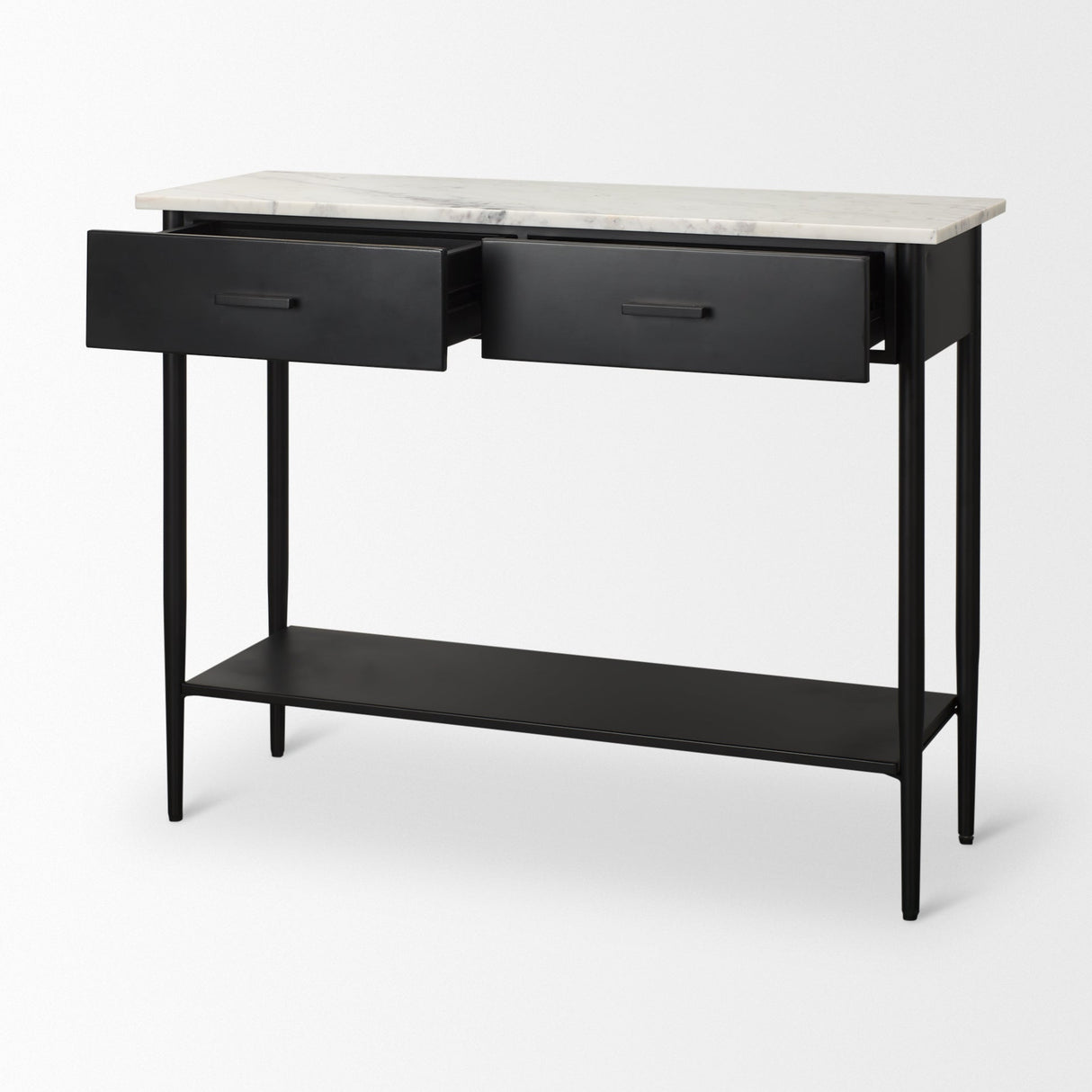 Amika White Marble Top Black Metal Base Console Table by Mercana at Eve Furniture