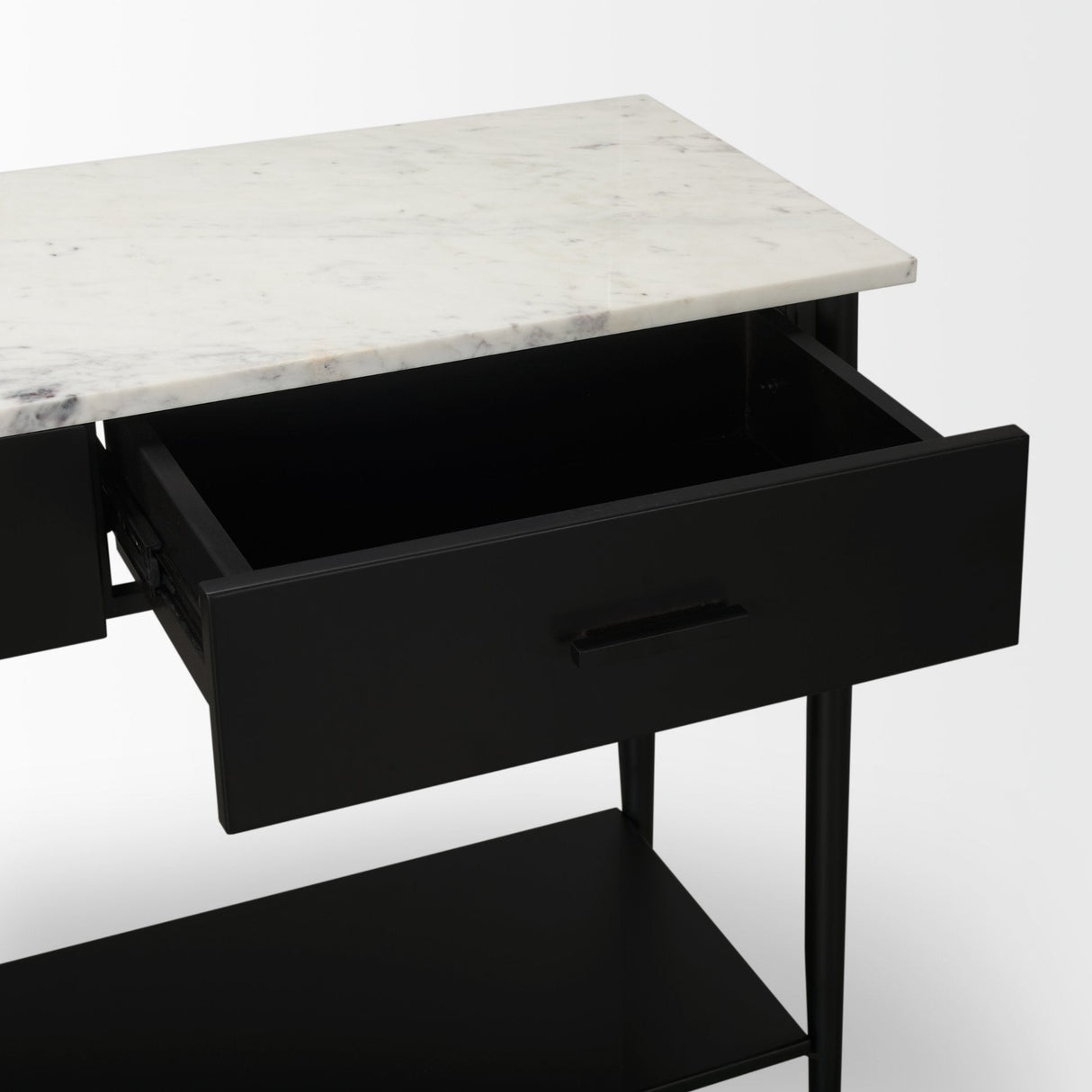 Amika White Marble Top Black Metal Base Console Table by Mercana at Eve Furniture