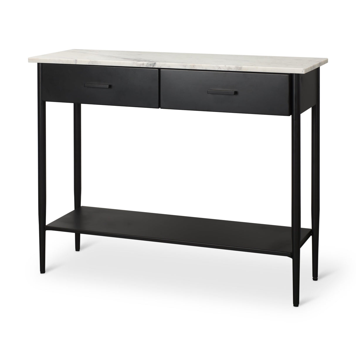 Amika White Marble Top Black Metal Base Console Table by Mercana at Eve Furniture