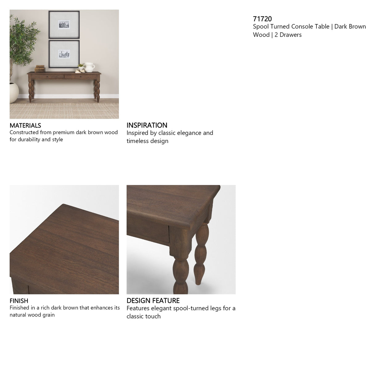 Angeline Spool Turned Console Table | Dark Brown Wood | 2 Drawers by Mercana at Eve Furniture