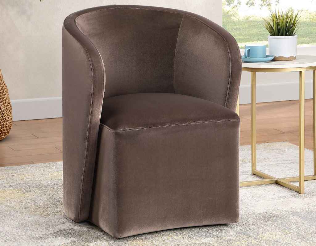 Annie Chocolate Velvet Barrel Chair w/Casters, Set of 2 by Steve Silver at Eve Furniture