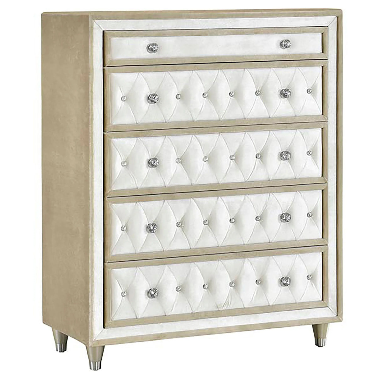 Antonella Ivory/Camel 5-Piece Upholstered Tufted Eastern King Bedroom Set by Coaster at Eve Furniture