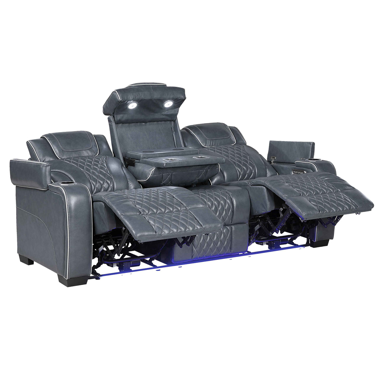Apex Blue Leather Power Double Reclining Sofa by Homelegance at Eve Furniture