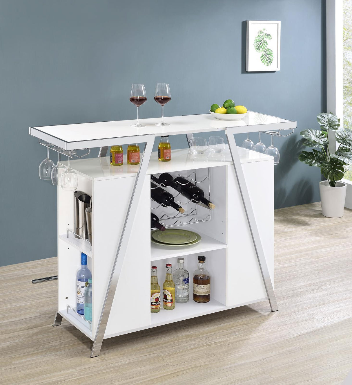 Araceli White Home Bar Wine Cabinet High Gloss and Chrome by Coaster at Eve Furniture
