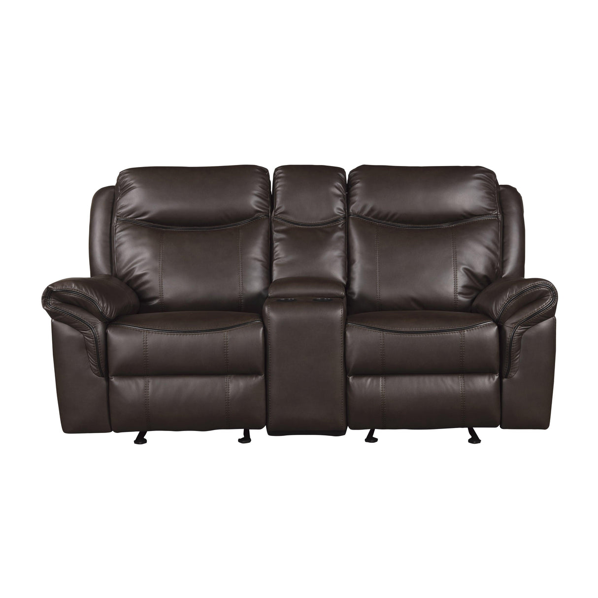 Aram Dark Brown Faux Leather Double Glider Reclining Loveseat with Center Console, Receptacles and USB Ports by Homelegance at Eve Furniture