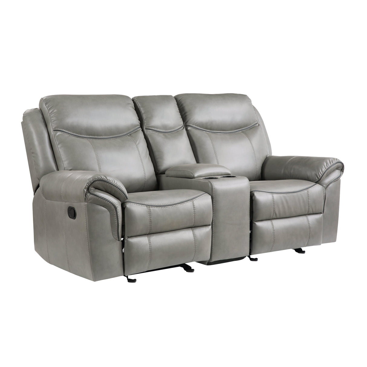 Aram Gray Faux Leather Double Glider Reclining Loveseat with Center Console, Receptacles and USB Ports by Homelegance at Eve Furniture
