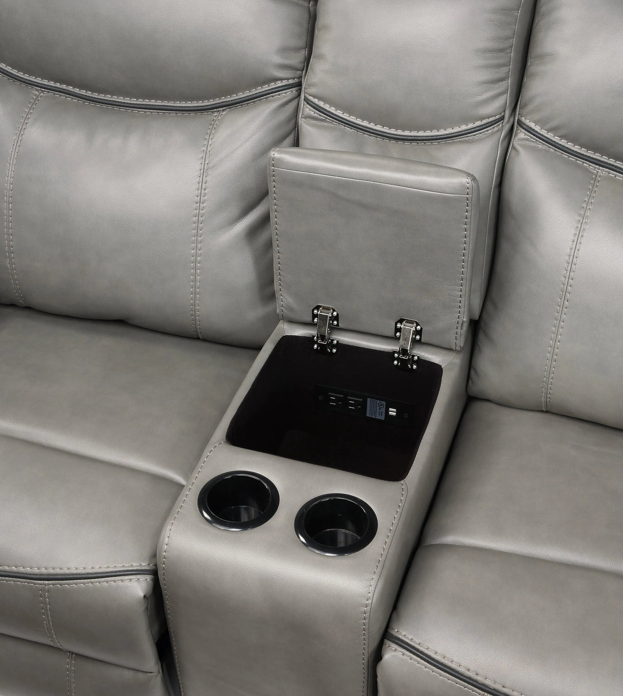 Aram Gray Faux Leather Double Glider Reclining Loveseat with Center Console, Receptacles and USB Ports by Homelegance at Eve Furniture