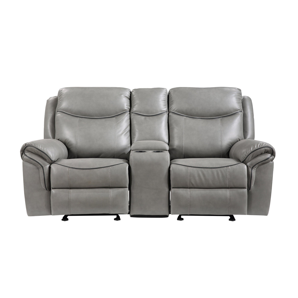 Aram Gray Faux Leather Double Glider Reclining Loveseat with Center Console, Receptacles and USB Ports by Homelegance at Eve Furniture