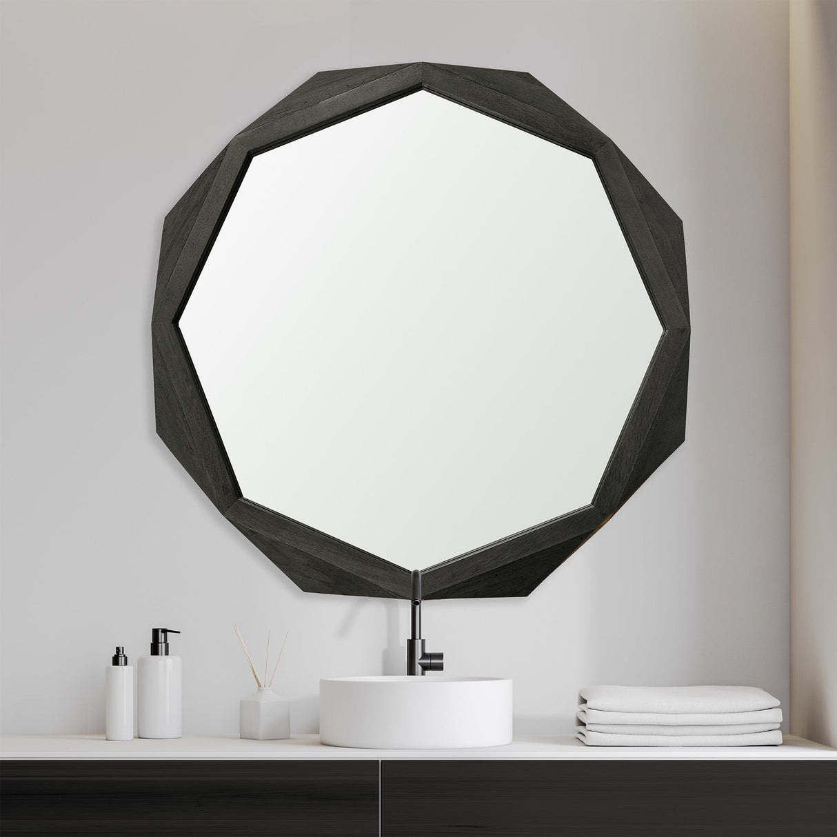 Aramis II Octagon Black Wood Frame Wall Mirror by Mercana at Eve Furniture