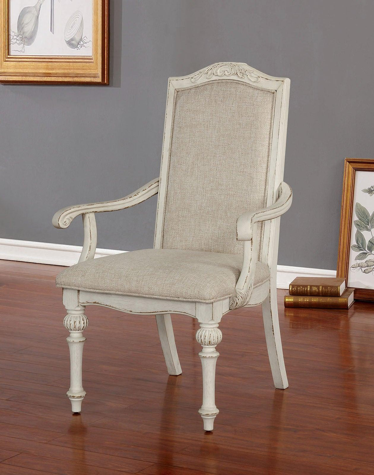 Arcadia Antique White Arm Chair by Furniture of America at Eve Furniture