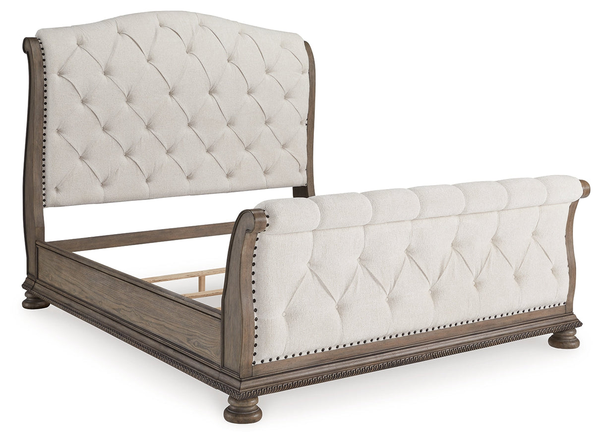 Ardenfield Light Brown King Sleigh Bedroom Set with Dresser, Mirror and Nightstand by Ashley at Eve Furniture