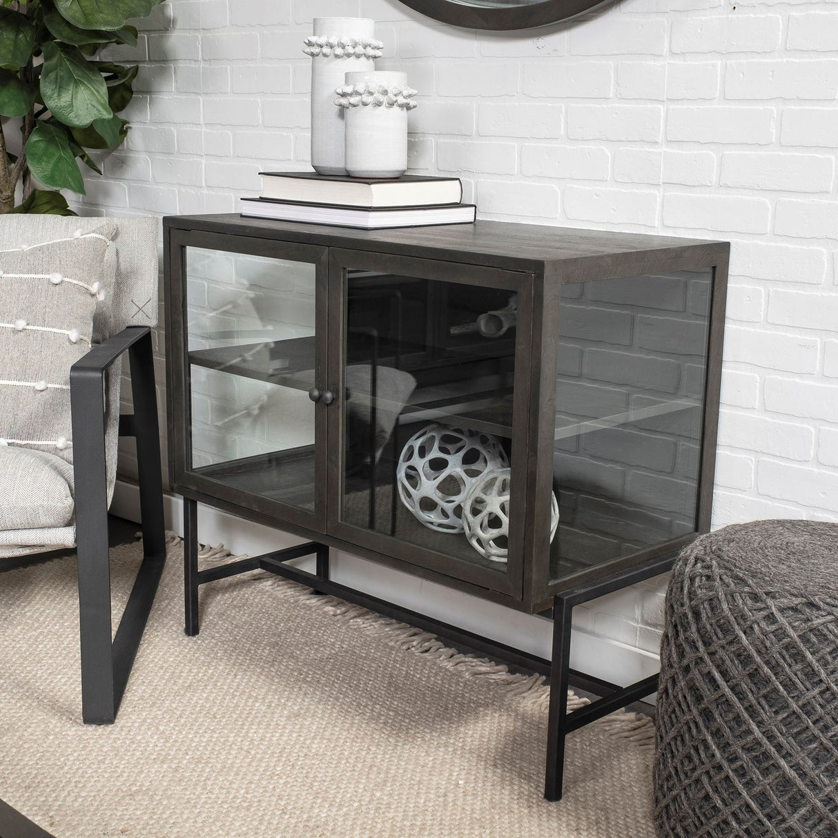 Arelius 36L x 18W Black-Brown Wood, Black Metal Base w/ 2 Glass Doors Accent Cabinet by Mercana at Eve Furniture