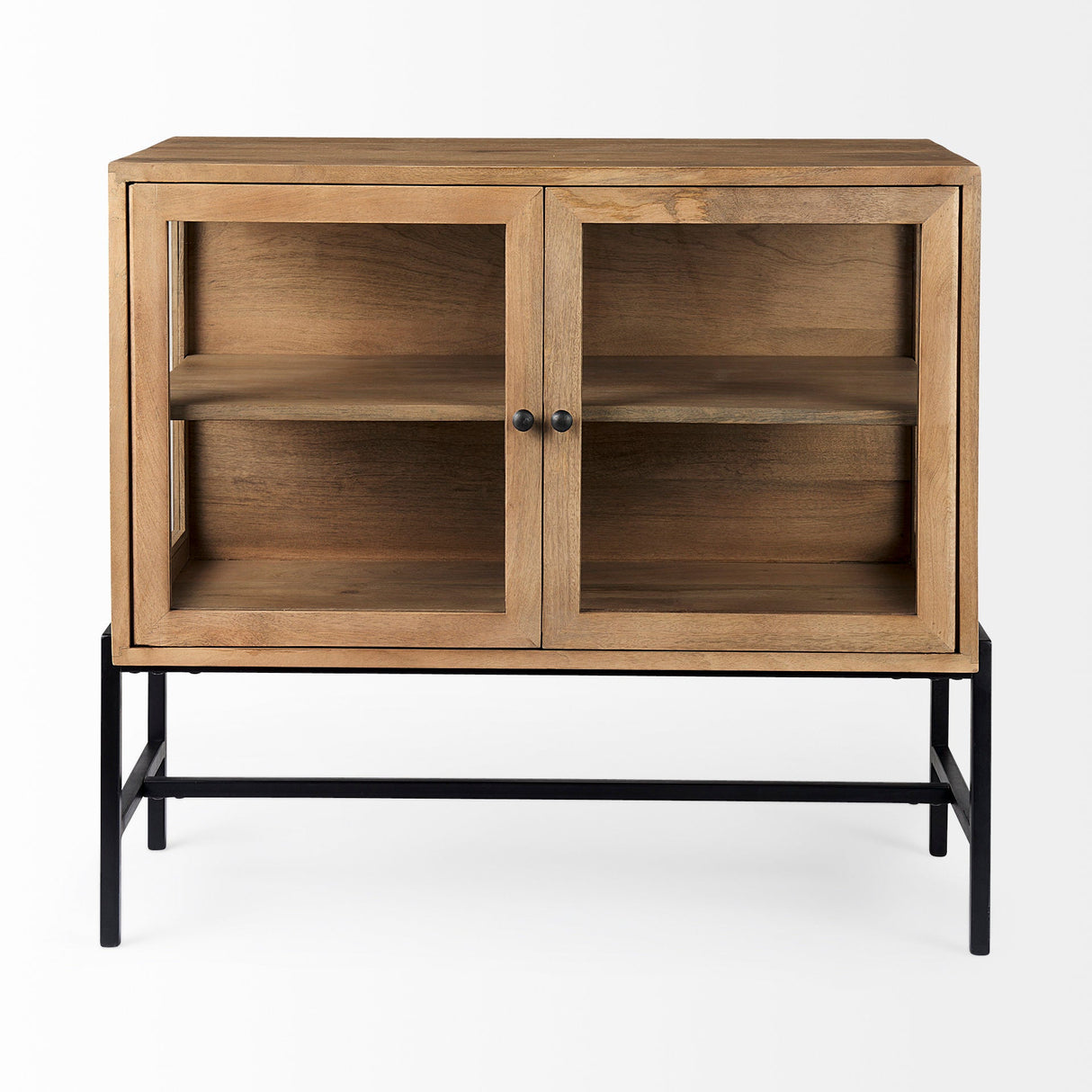 Arelius 36L x 18W x 32H Light Brown Wood, Black Metal Base w/ 2 Glass Doors Accent Cabinet by Mercana at Eve Furniture