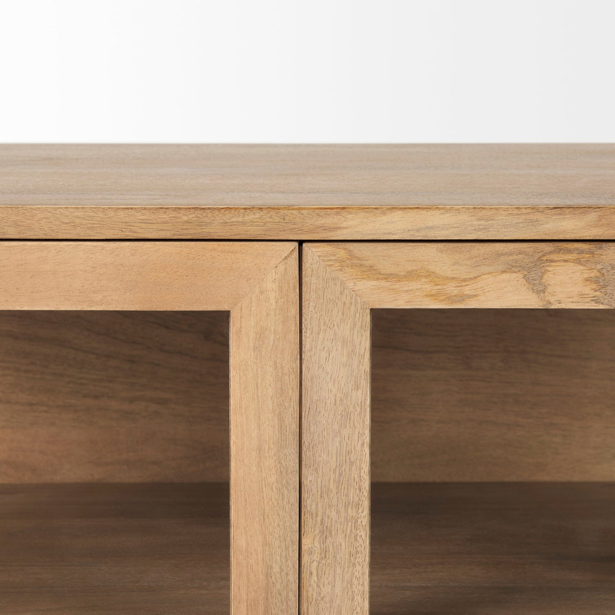 Arelius 36L x 18W x 32H Light Brown Wood, Black Metal Base w/ 2 Glass Doors Accent Cabinet by Mercana at Eve Furniture