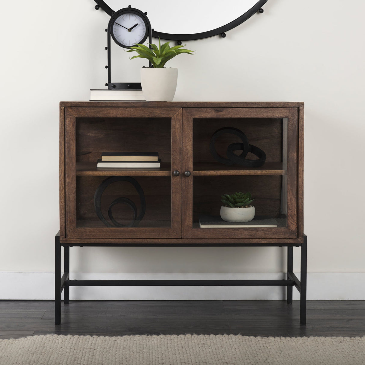 Arelius 36L x 18W x 32H Medium Brown Wood, Black Metal Base w/ 2 Glass Doors Accent Cabinet by Mercana at Eve Furniture