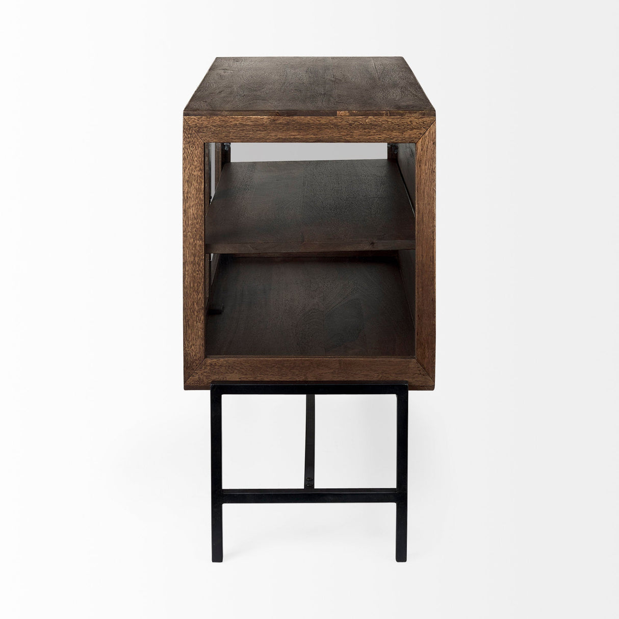 Arelius 36L x 18W x 32H Medium Brown Wood, Black Metal Base w/ 2 Glass Doors Accent Cabinet by Mercana at Eve Furniture