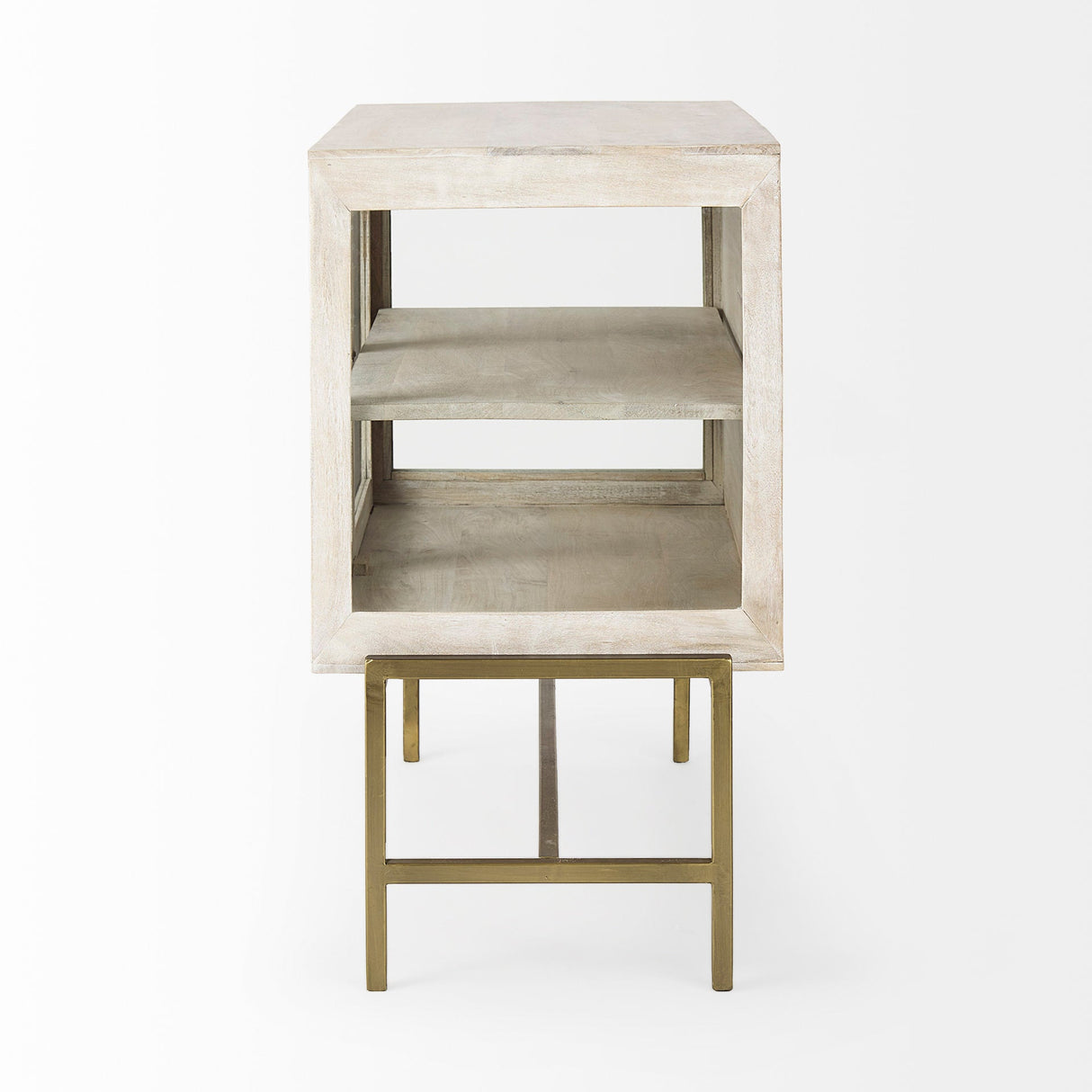 Arelius 36L x 18W x 32H White Wood, Gold Metal Base w/ 2 Glass Doors Accent Cabinet by Mercana at Eve Furniture