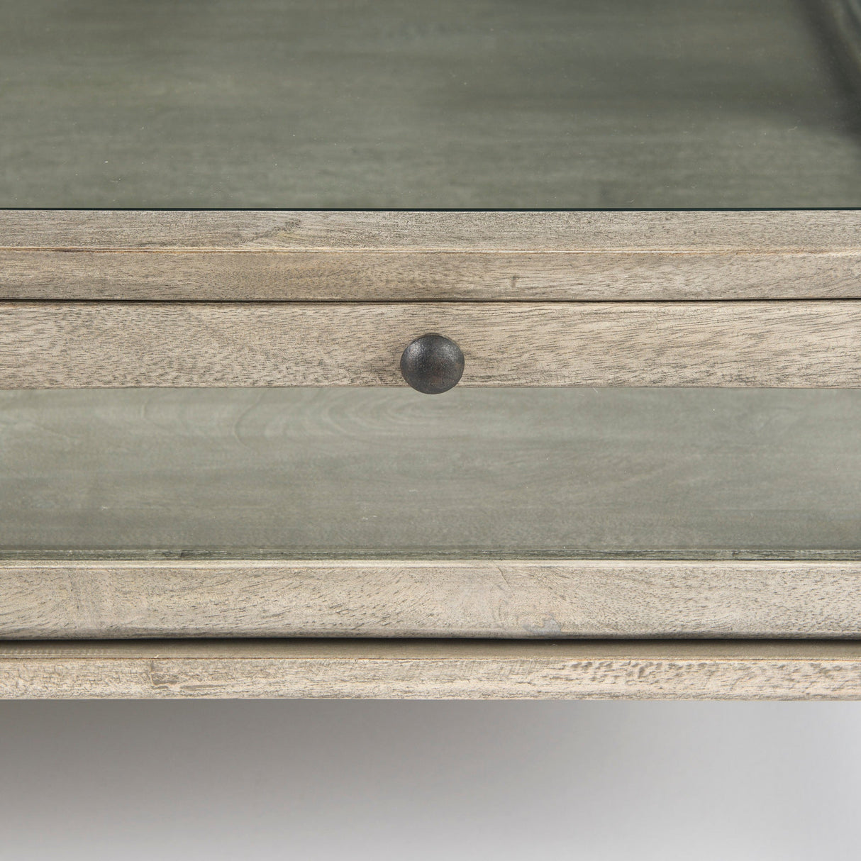 Arelius 42" Square Glass-Top Gray Wood w/ Black Metal Base Display Coffee Table by Mercana at Eve Furniture