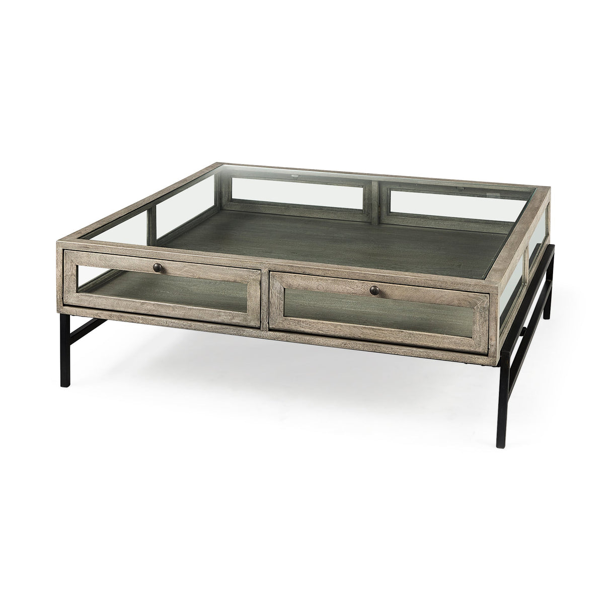 Arelius 42" Square Glass-Top Gray Wood w/ Black Metal Base Display Coffee Table by Mercana at Eve Furniture